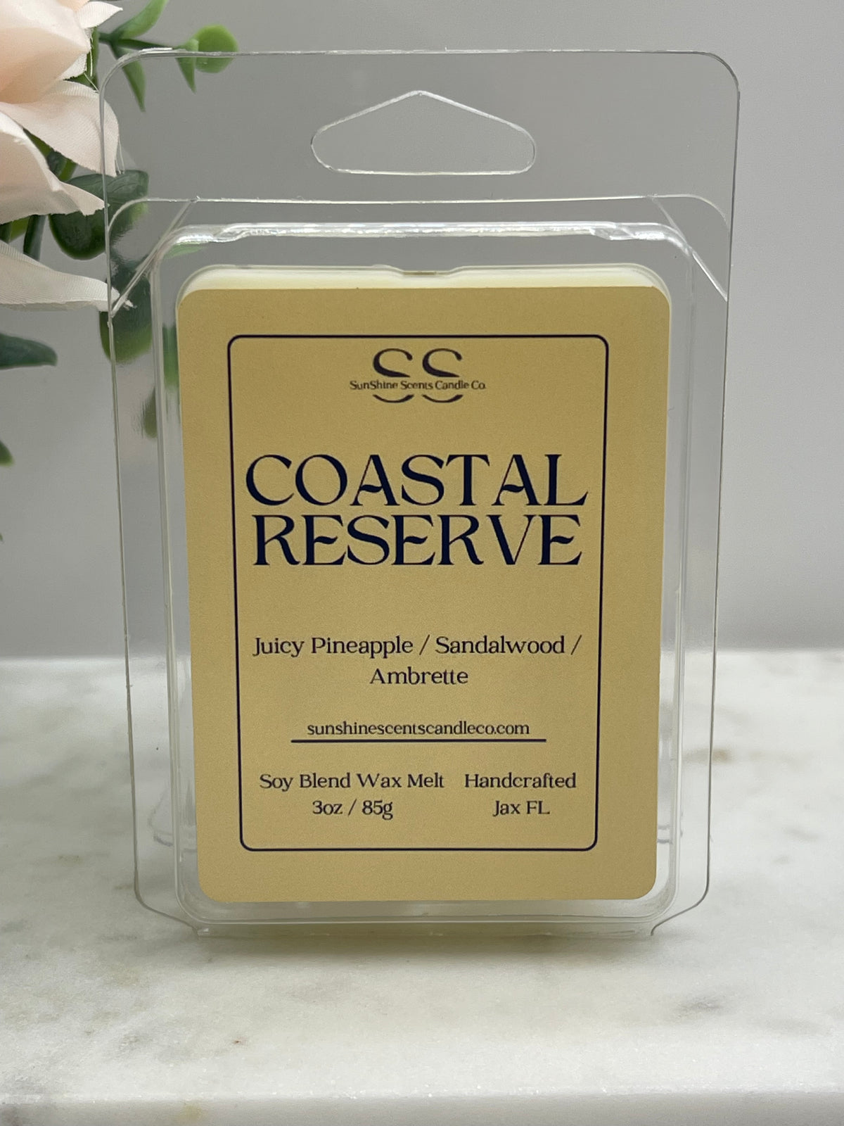 Coastal Reserve 3 oz soy blend wax melt by SunShine Scents Candle Co. in clear packaging with a yellow label.