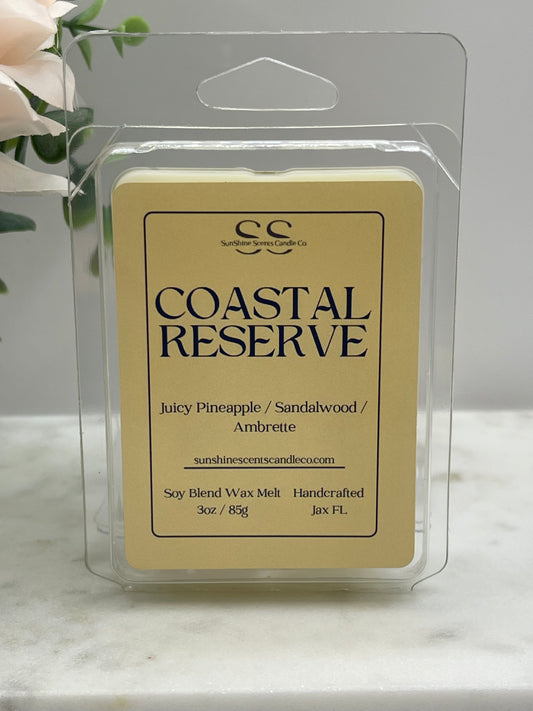 Coastal Reserve 3 oz soy blend wax melt by SunShine Scents Candle Co. in clear packaging with a yellow label.