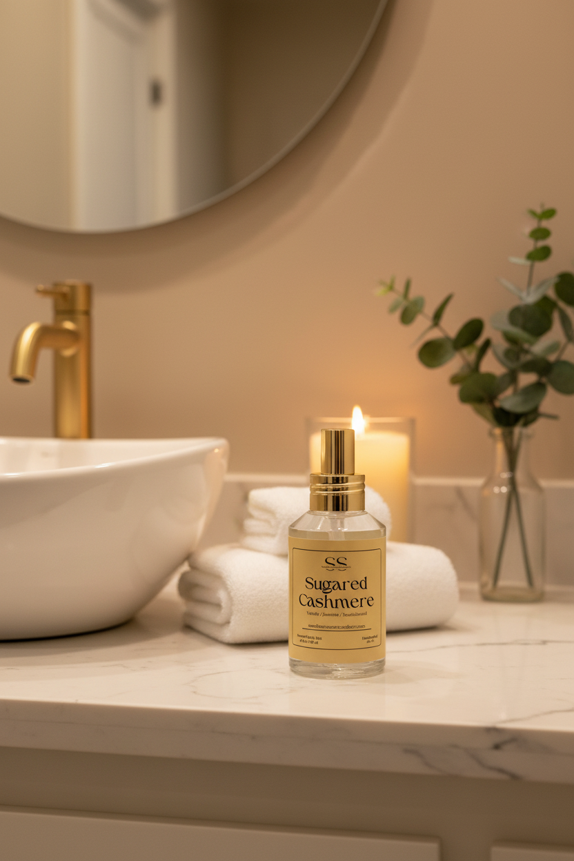 A clear glass bottle of SunShine Scents Candle Co. Sugared Cashmere body mist with a gold spray nozzle sits on a white marble bathroom counter beside a folded white towel, a lit pillar candle, a eucalyptus sprig in a glass vase, and a vessel sink with a gold faucet.