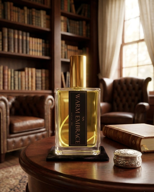 Warm Embrace Eau de Parfum 100ml bottle by SunShine Scents Candle Co. on a wooden side table in a cozy library with leather armchairs, bookshelves, and a silver trinket box." 