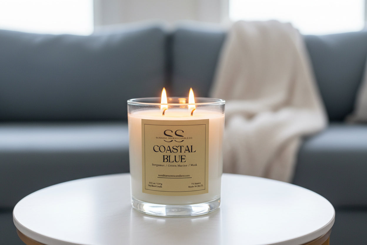 Candle labeled 'Coastal Blue' on a table with a blurred sofa in the background