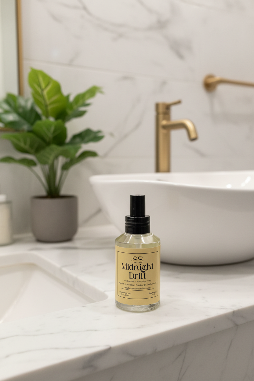 A clear glass bottle of SunShine Scents Candle Co. Midnight Drift body mist with a black spray cap and pale yellow label sits on a white marble bathroom counter beside a vessel sink, gold faucet, and a potted green plant."