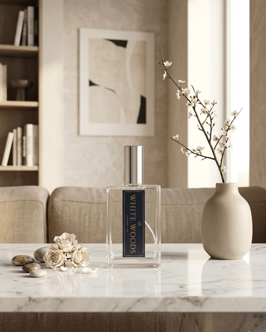 "White Woods Eau de Parfum 100ml bottle by SunShine Scents Candle Co. on a white marble surface with dried roses, smooth stones, and a ceramic vase with white blossom branches." 