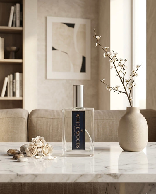 "White Woods Eau de Parfum 100ml bottle by SunShine Scents Candle Co. on a white marble surface with dried roses, smooth stones, and a ceramic vase with white blossom branches." 