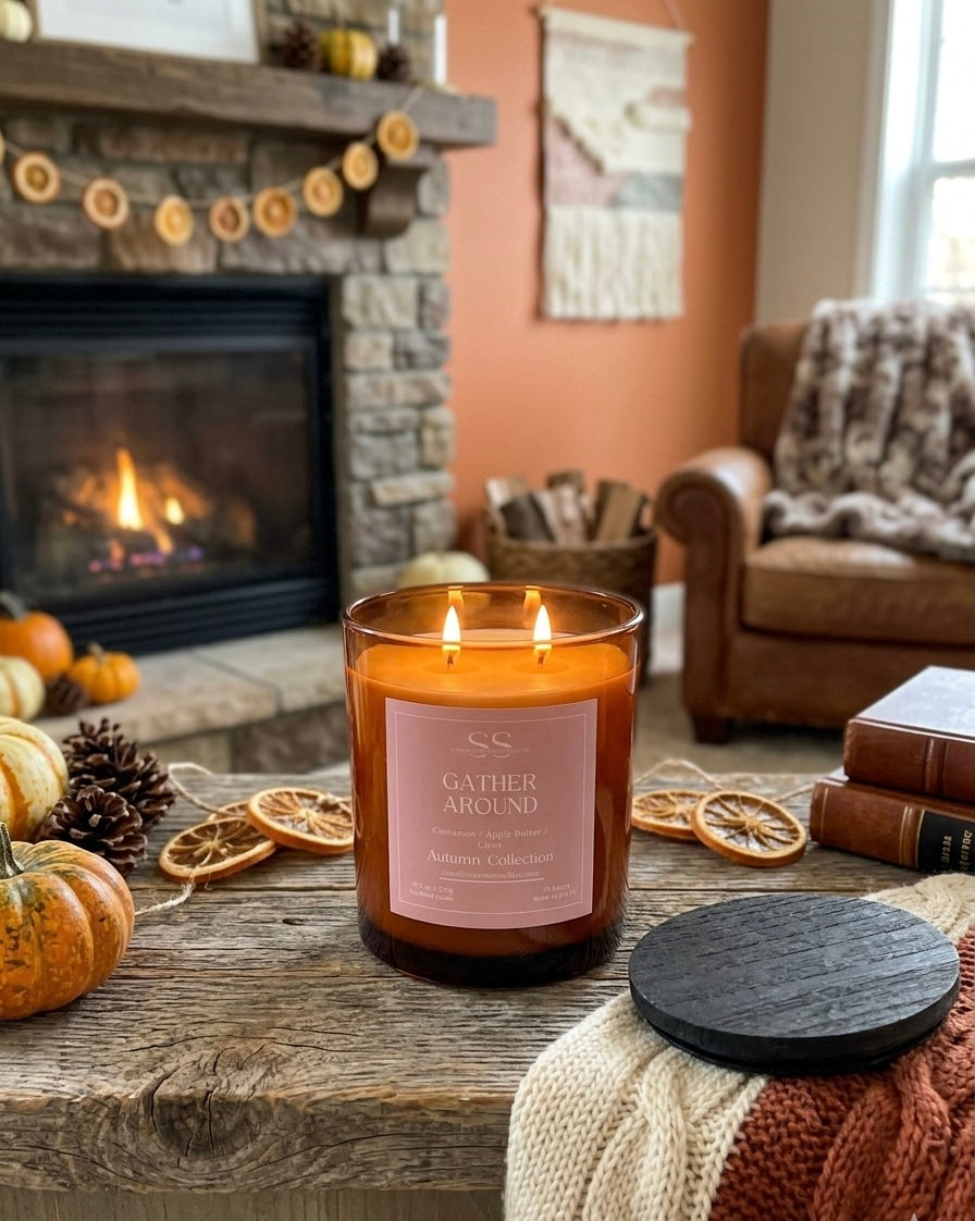 "Gather Around 10.5 oz autumn coconut soy candle with double wicks — cinnamon, brown sugar, apple butter & clove scent"