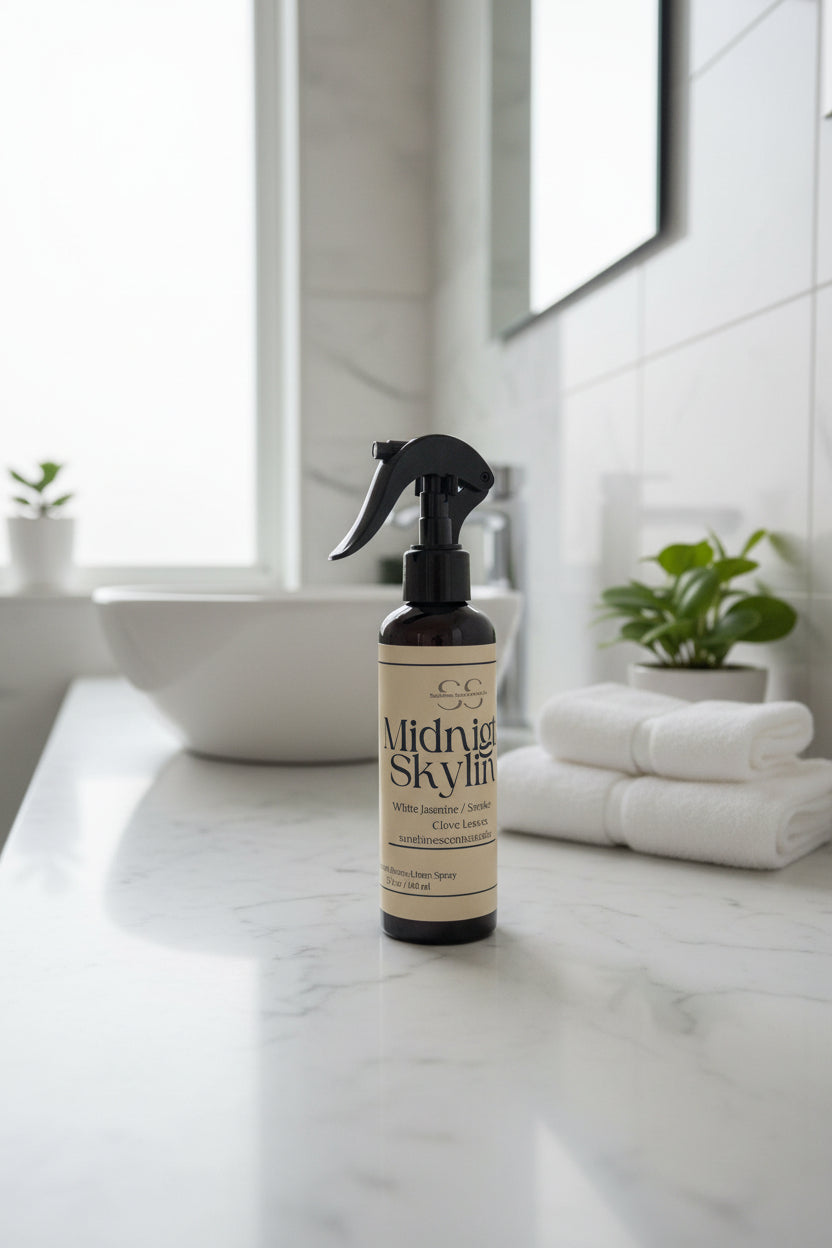 "Midnight Skyline Room + Linen Spray 5oz bottle with black trigger top, displayed on a marble bathroom counter beside folded white towels and green plants — Black Tea & Vanilla fragrance by SunShine Scents Candle Co."
