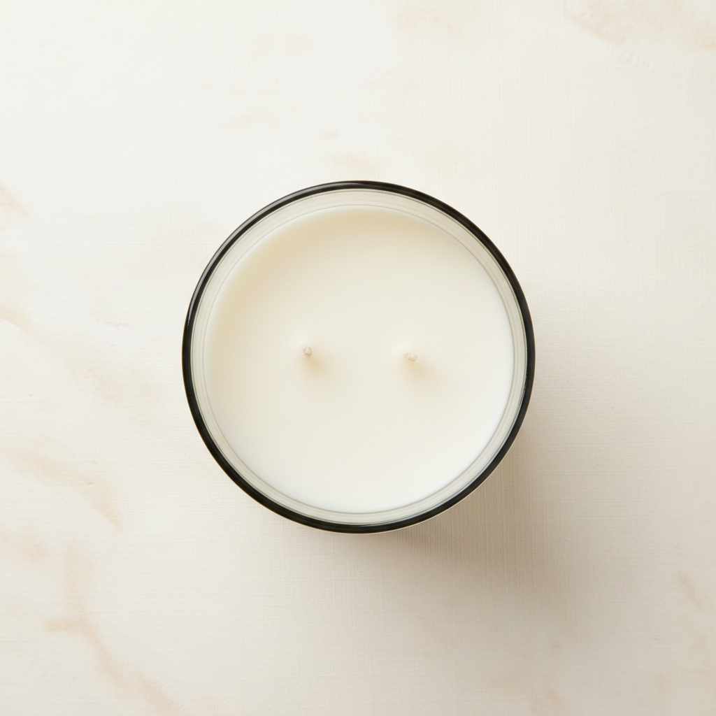 Top-down view of a two-wick candle in a clear glass jar with a black rim, filled with white wax, set on a light beige marble surface.