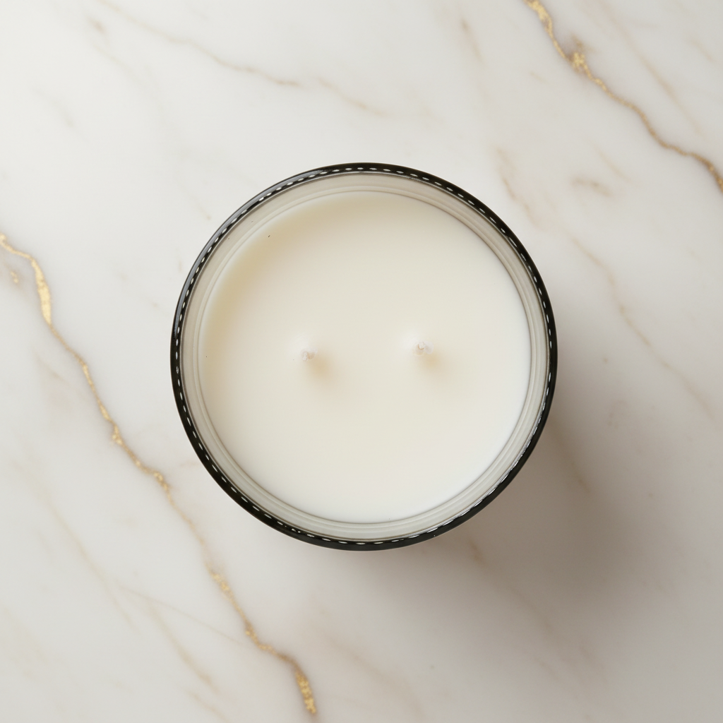 A top-down view of a two-wick soy candle in a clear glass jar with a black patterned rim, set on a white marble surface with gold veining.